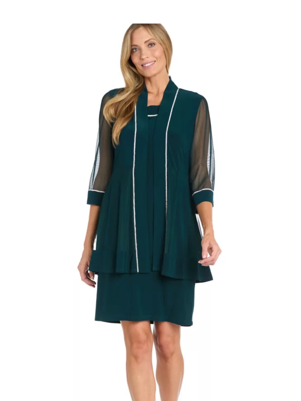 R&M Richards Teal Layered Dress with Sheer Sleeve Jacket